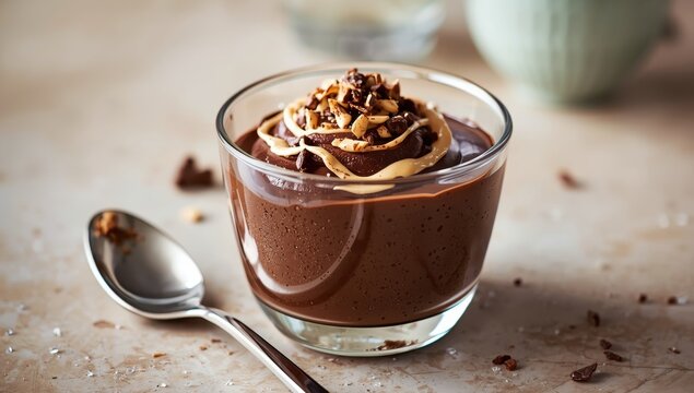Peanut butter chocolate mousse. Simple dessert in a glass topped with roasted peanuts