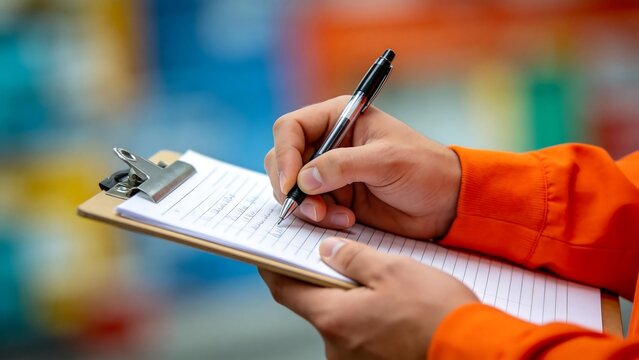 Person writing on clipboard in store