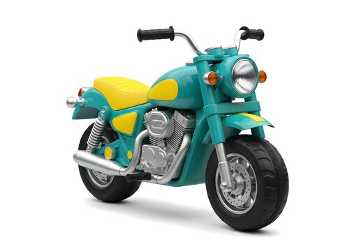 Teal and yellow vintage style motorcycle toy model with silver engine and black tires