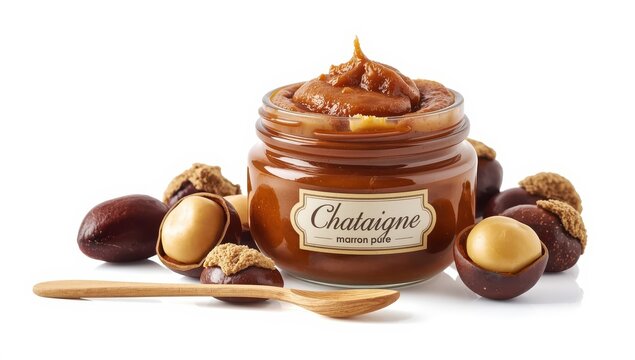 Isolated chestnut puree. Marron cream, spread, and jam; homemade dessert on white backdrop