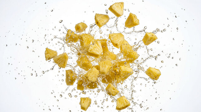 Fresh pineapple chunks exploding and splashing through clear water droplets against a white background