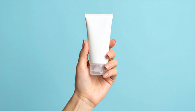 Close-up of a woman's hand holding a white blank cosmetic tube mockup against a solid light blue background. Minimalist skincare packaging concept
