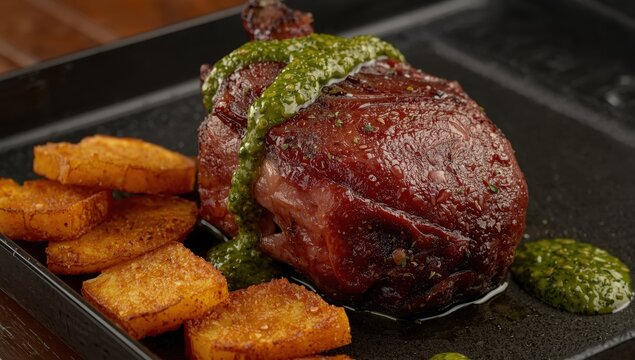 Classic roasted beef heart served with fried pumpkin and chimichurri on a contemporary cast iron tray