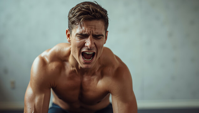 Muscular man screaming during intense workout, dramatic expression, sweat visible