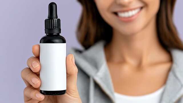 Smiling woman holding a dark amber dropper bottle with a blank white label. Closeup on product mockup against a soft purple background.
