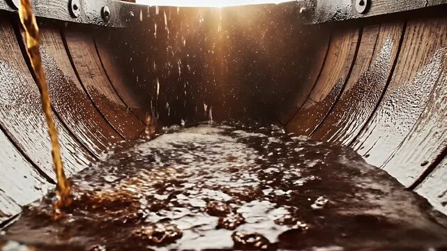 Amber liquid pours into a distressed wooden barrel, creating a foamy splash