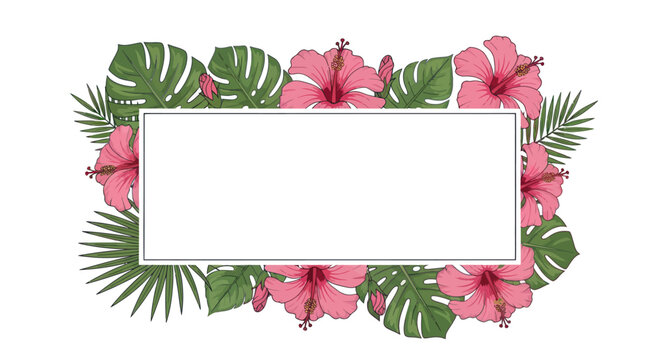 Tropical pink hibiscus flowers border frame.