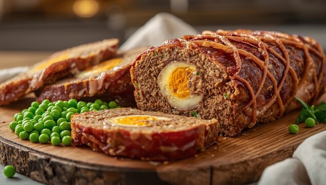 Baked Easter meatloaf with ground meat, onion, carrot, hard-boiled eggs, bacon, and green peas