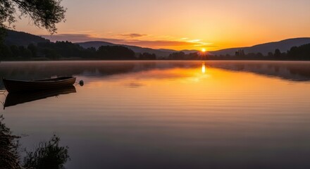Fototapeta premium A tranquil sunrise over a serene lake, where a solitary rowboat gently glides across the water, casting a shimmering reflection on the surface.