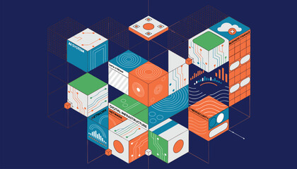 Fototapeta premium Isometric 3d vector illustration of an urban city map featuring an abstract colorful background with squares and office buildings for business and estate construction design