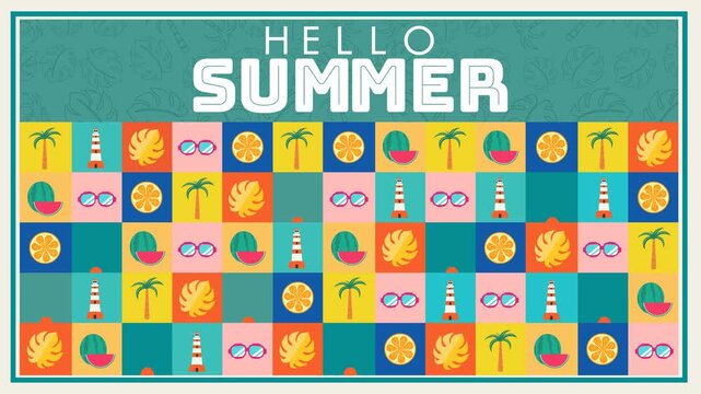 Summer Icon Grid Greeting. Vibrant 4K loop featuring "HELLO SUMMER" text above a grid of colorful tiles with lighthouses, palms, and fruit icons over a teal tropical leaf background.