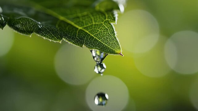 Macro shot of a single green leaf with a large water droplet