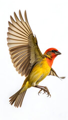 Fototapeta premium Vibrant bird in flight with distinctive red head and yellow body