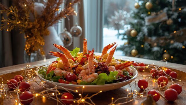 Festive Christmas table with homemade treats. Shrimp and crab salad with egg and corn