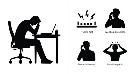 Fototapeta premium Work stress illustration featuring laptop worker frustration, fast typing, meeting discussion, phone call stress, deadline panic, professional artwork and corporate lifestyle design collection
