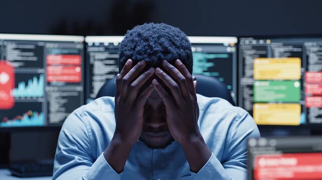Stressed software engineer overwhelmed by cybersecurity alerts on multiple monitors, AI generated scene of coding crisis, system failure and intense late night debugging in modern tech workspace.