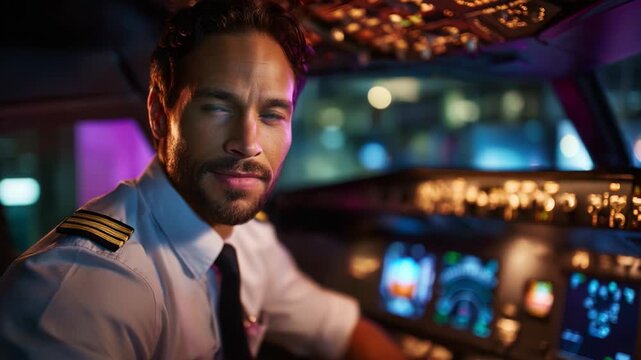 A confident pilot smiles in the cockpit, showcasing the advanced controls and illuminated instruments of an aircraft at night, embodying professionalism and passion.