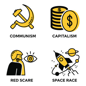 Vector art of four icons illustrating contrasting economic and political concepts communism, capitalism, red scare, and space race