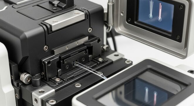 Professional fiber optic fusion splicer aligning optical fiber cables for high speed telecommunication data networks