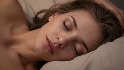 Obraz premium Serene woman sleeping on pillow with soft lighting and natural makeup
