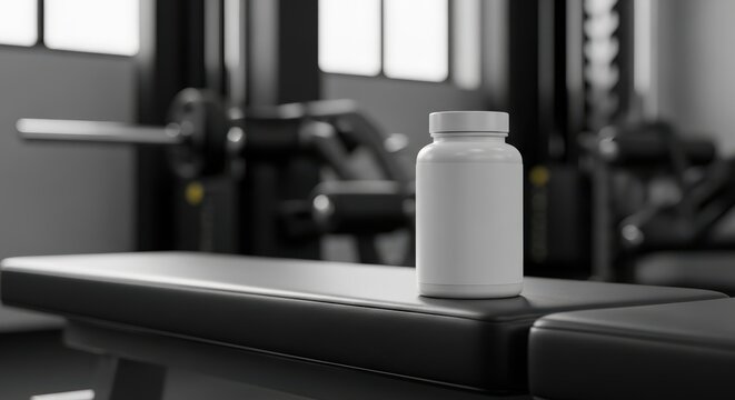 White supplement bottle on a gym bench with fitness equipment