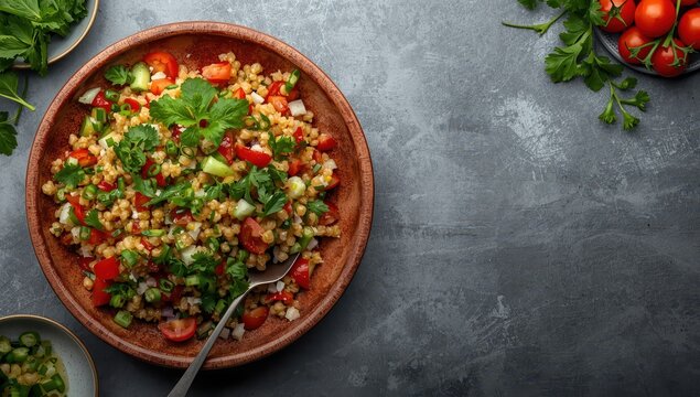Pearl barley tabbouleh with fresh veggies and herbs served on a plate and bowl against a gray concrete backdrop