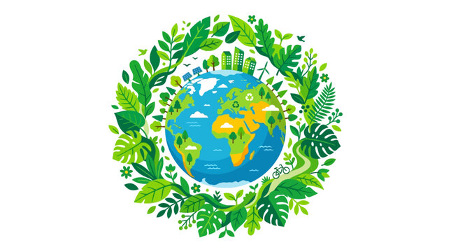 Earth surrounded by lush green leaves and plants.