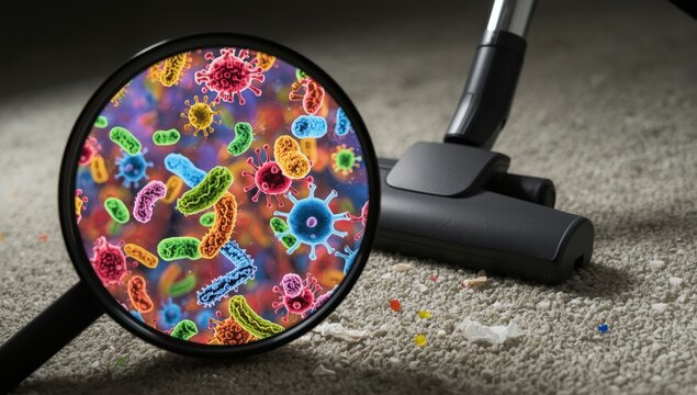 Magnifying glass showing simulated microbes, cleanliness theme, vacuum, on carpet with debris