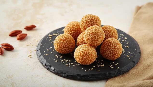 "Laddu" are traditional Indian sweets made from sesame seeds, displayed on a round black chalkboard with scattered sesame seeds