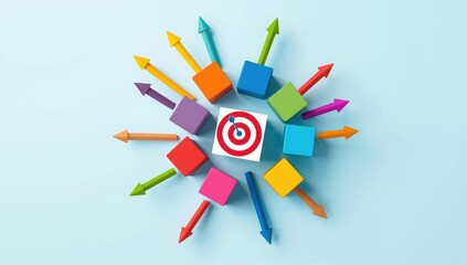 Obraz premium Aerial view of cubes with arrows aimed at a bullseye on a light blue backdrop