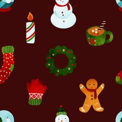 Naklejka premium Charming Christmas Pattern with Snowman Gingerbread Candle Stocking and Hot Chocolate