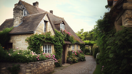 Charming stone cottages surrounded by lush greenery and blooming flowers, capturing the essence of countryside living