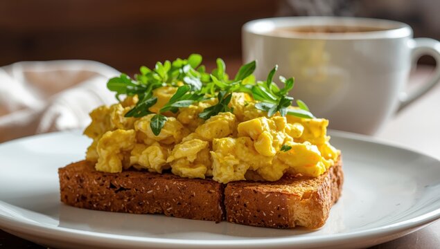 Keto-friendly scrambled egg sandwiches with whole grain toast and organic arugula microgreens on a white plate