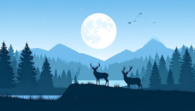 A serene nocturnal landscape with deer and a full moon