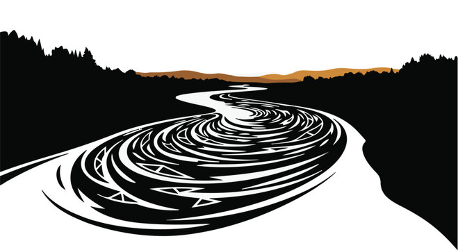 River flowing through a wilderness landscape features stylized water ripples and deep black silhouettes of dense forest trees under a soft, golden horizon glow that suggests natural tranquility.