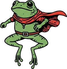 Fototapeta premium Dynamic cartoon frog warrior wielding swords in action pose with red scarf.