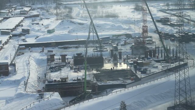 The first stage of building construction. Tying the reinforcement. Preparing for pouring concrete for the supports and walls. General view from above