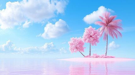 A serene pink-hued tropical island with lush trees reflecting in calm waters under a bright blue sky