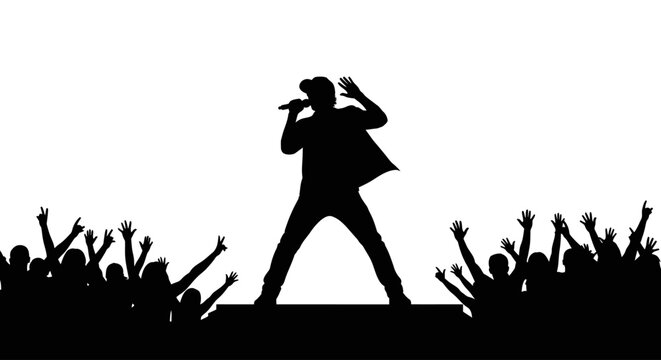 Singer performing on stage with audience.