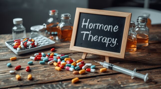Assorted medications and a syringe on a wooden table, with a chalkboard reading "Hormone Therapy" at the center. Medical and healthcare theme