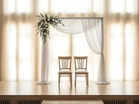 Elegant wedding altar decorated with white roses and drapery backdrop