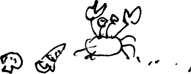 Simple monochrome pen line drawing of a crab and seashells with footprints in a doodle style © 小堀 ほがら