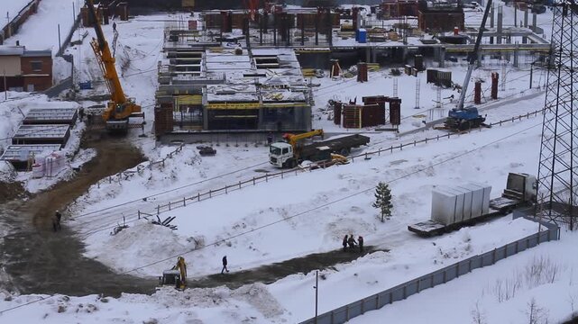 The first stage of building construction. Tying the reinforcement. Preparing for pouring concrete for the supports and walls. General view from above