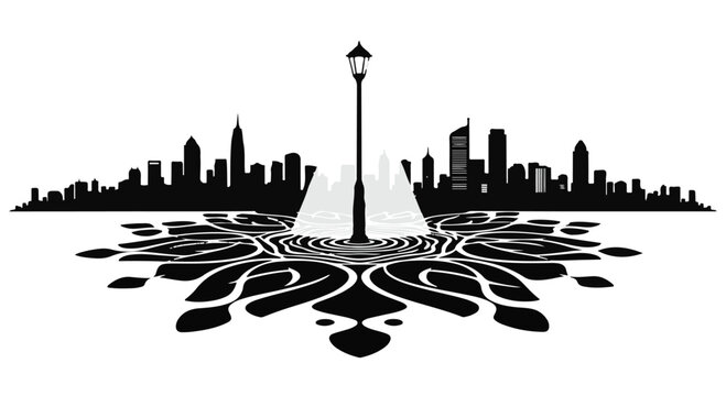 Elegant street lamp stands centrally on a reflective surface, casting a symmetrical pattern below a silhouetted cityscape, evoking urban ambiance and reflection.