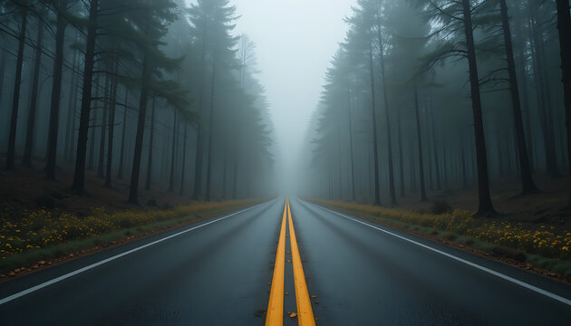 Misty forest roadway with strong perspective, dense fog layers, tall trees standing like vertical pillars, double yellow lane markings glowing faintly, cool blue-gray color palette, 4K, HD