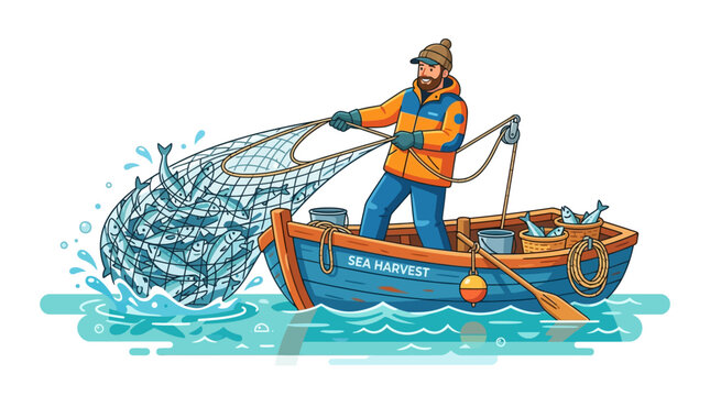 Fisherman hauling a large net full of fish from a boat.