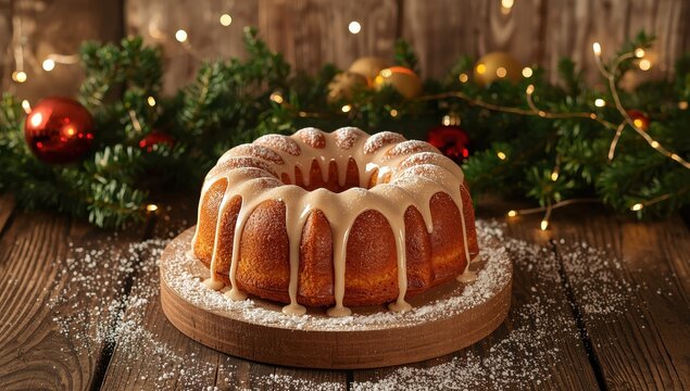 Festive round cake, lemon ring cake, ciambella or babka, holiday pastry, sweet sponge pie dusted with sugar on a decorated Christmas backdrop