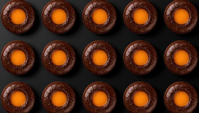 Dark chocolate-coated cookies with orange marmalade on a black backdrop, viewed from above