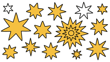 Obraz premium Collection of yellow and white stars with black outlines varying in size and point count scattered across the frame celestial shape symbol graphic festive abstract pattern