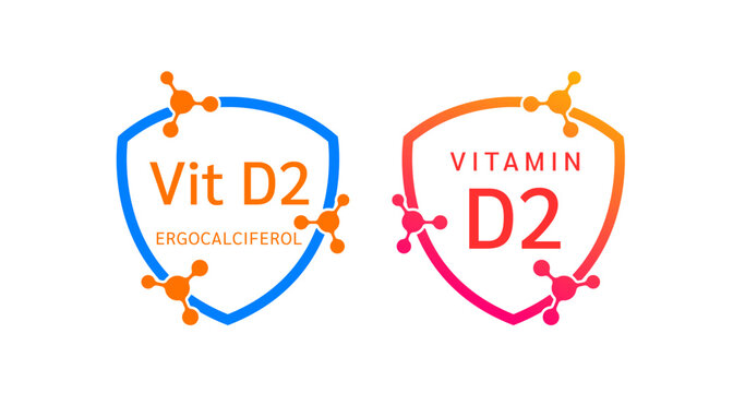 Vitamin D2 shield icon collection for product label design. Ergocalciferol molecule form simple line. Isolated on a white background. Medical symbol concept. Vector EPS10 illustration.